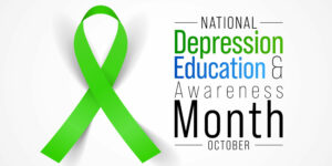 National Depression Education & Awareness Month image featuring a green ribbon.